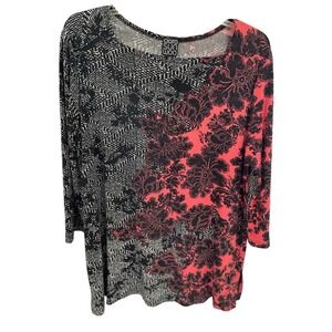 Clara Sun Woo Mixed Media 3/4 Sleeve Tunic Floral Print M Red Black AK1117